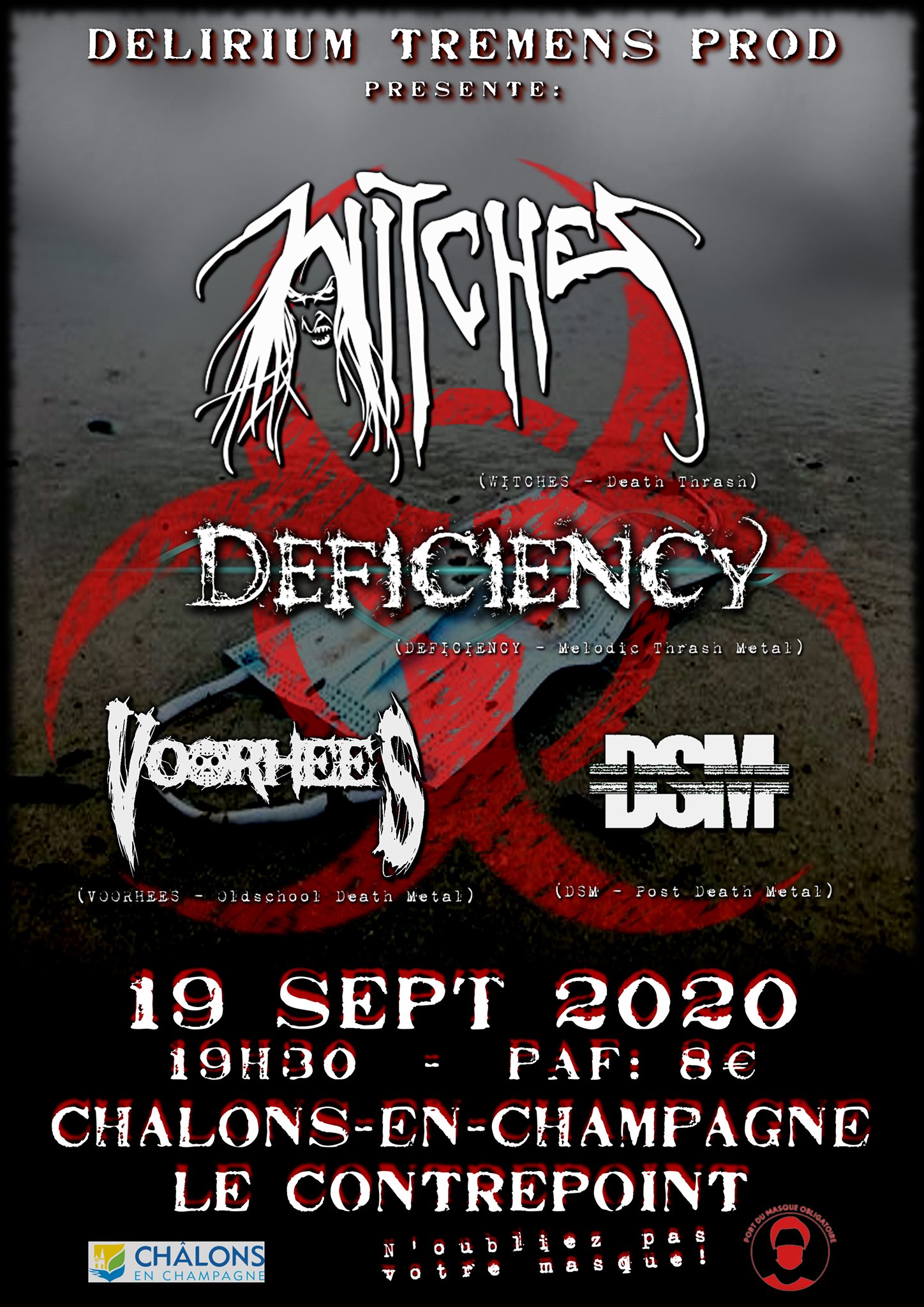 Witches flyer WITCHES + DEFICIENCY + VOORHEES + DSM  @ Night of the Masks Le Contrepoint Chalons en Champagne (51)