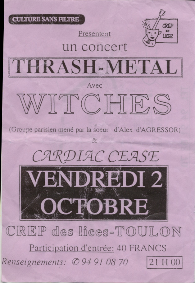 Witches flyer WITCHES + Cardiac Cease @ CREP des Lices Toulon (83-France)