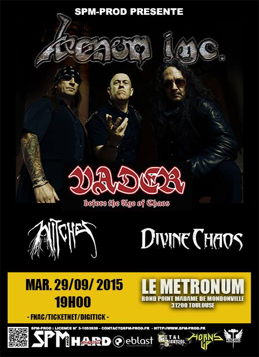 Witches flyer Venom inc + Vader + Divine Chaos + Witches +Filiti N. infernalium + midnight priest @ European Tour RCA Club Lisboa, Portugal