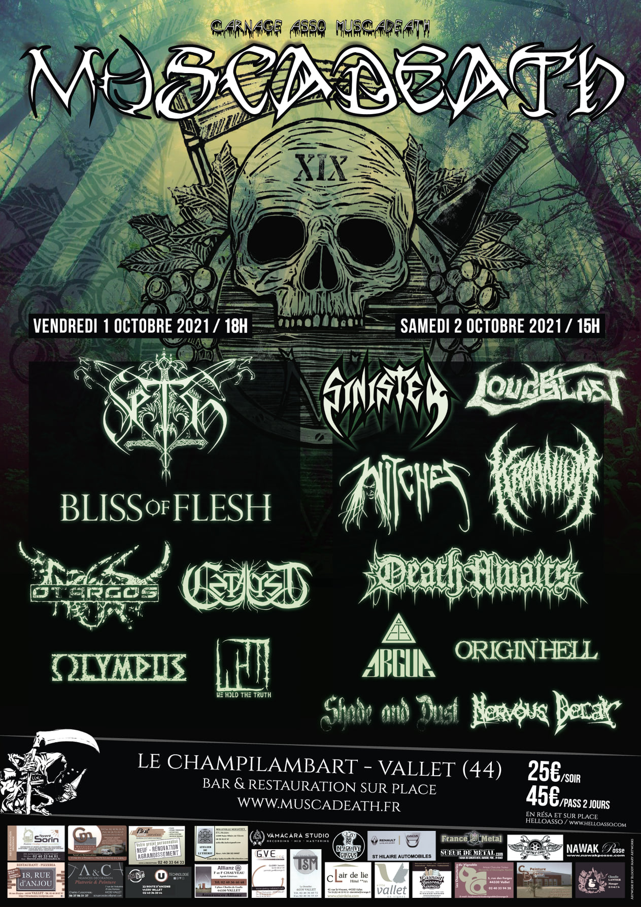 Witches flyer Sinister - Loudblast - WITCHES - Kraanium - Death Awaits - Argue - Origin'Hell - Shade and Dust - Nervous Decay @ Muscadeath XIX Le Champilambart Vallet (44)