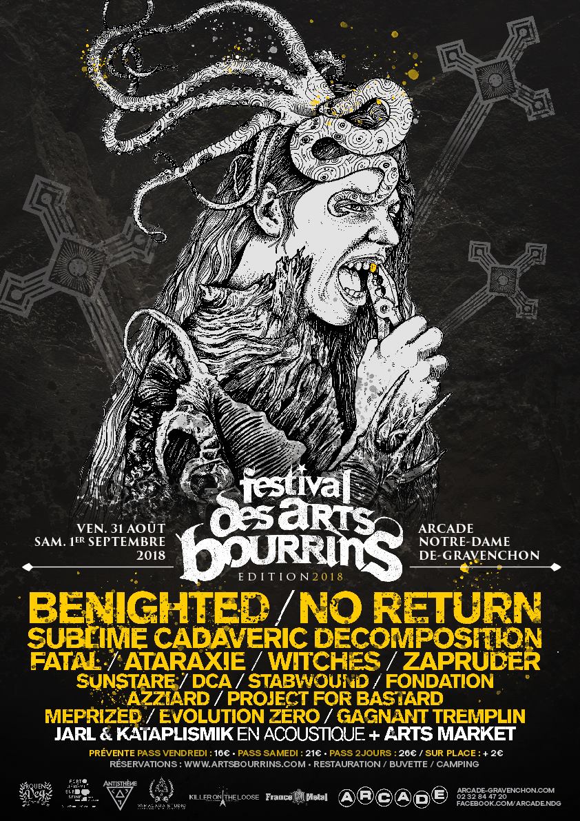 Witches flyer Benighted + No Return + Sublime Cadaveric Decomposition + WITCHES + Fatal + Ataxarie + Zapruder + SunStare + DCA + Stabwound + Fondation Azziard + Project for bastard + Meprized + Evolution Zero + ... @ Festival des Arts Bourrins L'Arcade Notre Dame de Gravenchon (76)