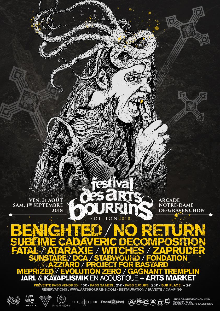 Witches flyer Benighted + No Return + Sublime Cadaveric Decomposition + WITCHES + Fatal + Ataxarie + Zapruder + SunStare +  DCA + Stabwound + Fondation Azziard + Project for bastard + Meprized + Evolution Zero +  ... @ Festival des Arts Bourrins L'Arcade Notre Dame de Gravenchon (76)